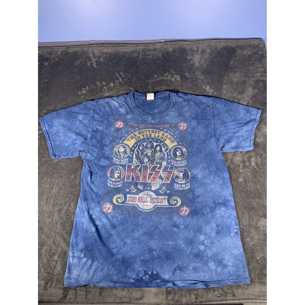 Vintage Liquid Blue KISS Cobo Hall 1975 Tour T-Shirt Blue Tie Dye Graphic Men's